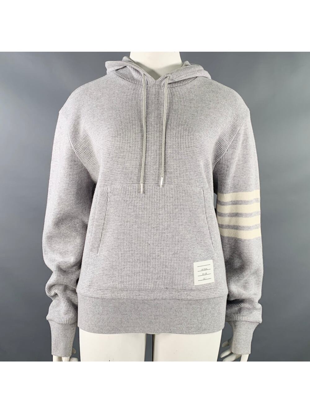THOM BROWNE Size XL Grey Cream Cashmere Wool Waffle Hoodie Casual Top